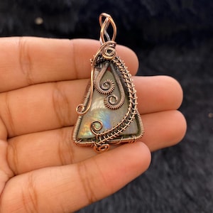 Moonstone Wire Wrapped Pendant, Rainbow Moonstone Pendant, Copper Wire Wrapped Pendant, Handmade Pendant, Gemstone Jewelry Gift For Her
