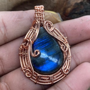 Natural Labradorite Copper Wire Wrapped Pendant Blue Fire Labradorite Pendant Jewelry Gift For Anniversary Stylish Elegant Pendant