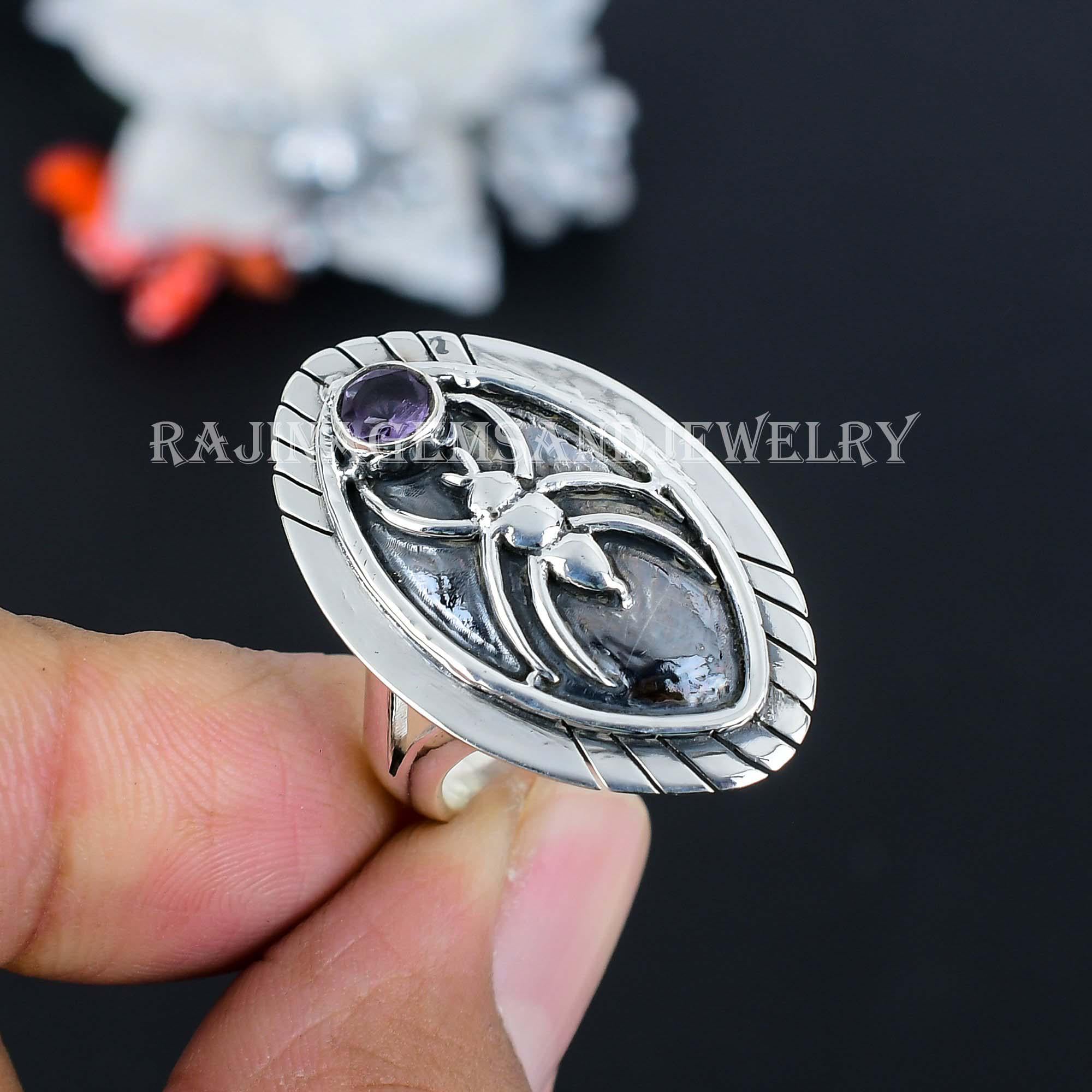 彫金作品　アメジスト 銀製 クラスターリング　SILVER950 ハンドメイドの酸化スターリングシルバーアメジストリング：ボヘミアン