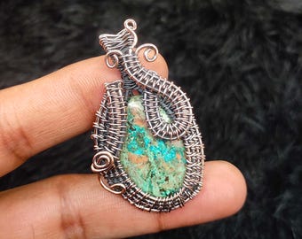 Chrysocolla Copper Wire Wrapped Pendant: Green Gemstone Jewelry