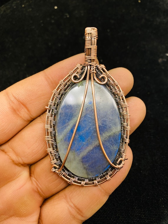 ラブラドライトワイヤーラップ銅ペンダント：手作り酸化ジュエリー