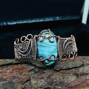 Copper Labradorite Cuff Bracelet Adjustable Bangle Handmade Openable Bangle Designer Gemstone Bangle Party Wear Jewelry Bangle For Wedding