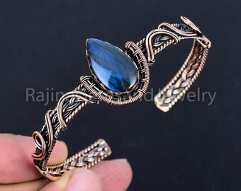 Copper Wire Wrapped Cuff Bracelet Labradorite Gemstone Bangle Copper Wire Jewelry Statement Bracelet Adjustable Designer Bracelet