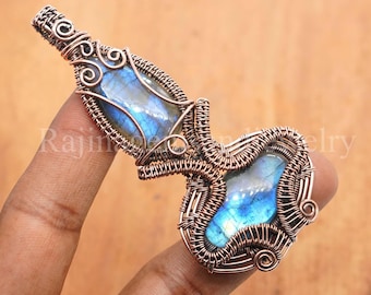 oxidierter Kupferdraht gewickelter Labradorit Anhänger | Einzigartiger Doppel Edelstein Schmuck | Handgemachte Witchy Amulett Halskette