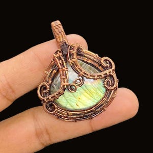 Handmade Copper Wire Wrapped Labradorite Heart Pendant: Boho Designer Jewelry