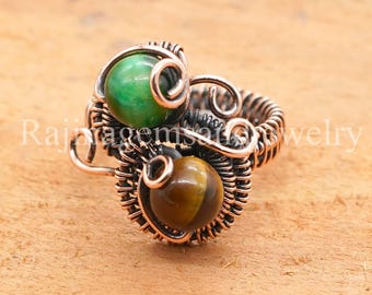 Anillo de cobre hecho a mano - Ojo de tigre y ónix verde, ajustable, estilo bohemio llamativo