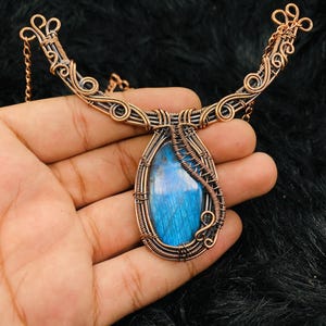 Handmade Copper Wire Wrapped Labradorite Pendant Necklace
