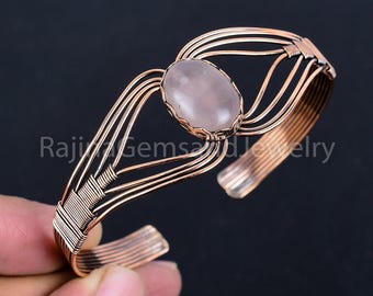 Natural Rose Quartz Bracelet Copper Wire Wrapped Pink Cuff Bracelet Rose Quartz Copper Wire Jewelry Copper Bangle Adjustable Bracelet