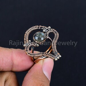 Designer Copper Ring Labradorite Gemstone Ring Wire Wrapped Ring Copper Jewelry Round Stone Ring Trending Christmas Gift Handmade Jewelry