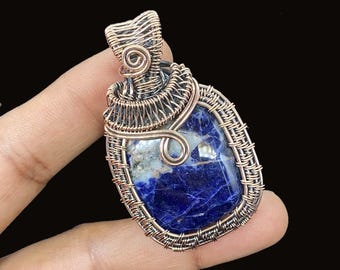 Copper Wire Wrapped Sodalite Pendant: Artisan Crafted Gemstone Jewelry
