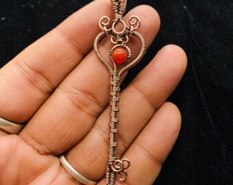 Oxidized Copper Key Pendant: Wire Wrapped Gemstone Jewelry