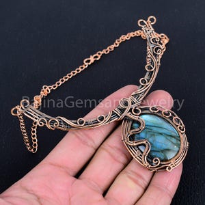 Designer Labradorite Copper Necklace, wire Wrap Copper Pendant Necklace, Handmade Jewelry, Bohemian Necklace,  Party Wear Necklace Gift,