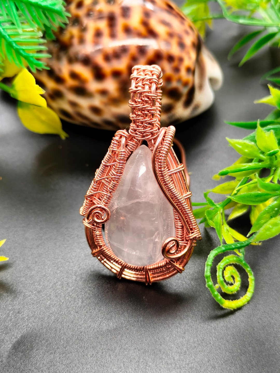 Natural Rose Quartz Wire Warp Copper Plating Pendant Gemstone Etsy
