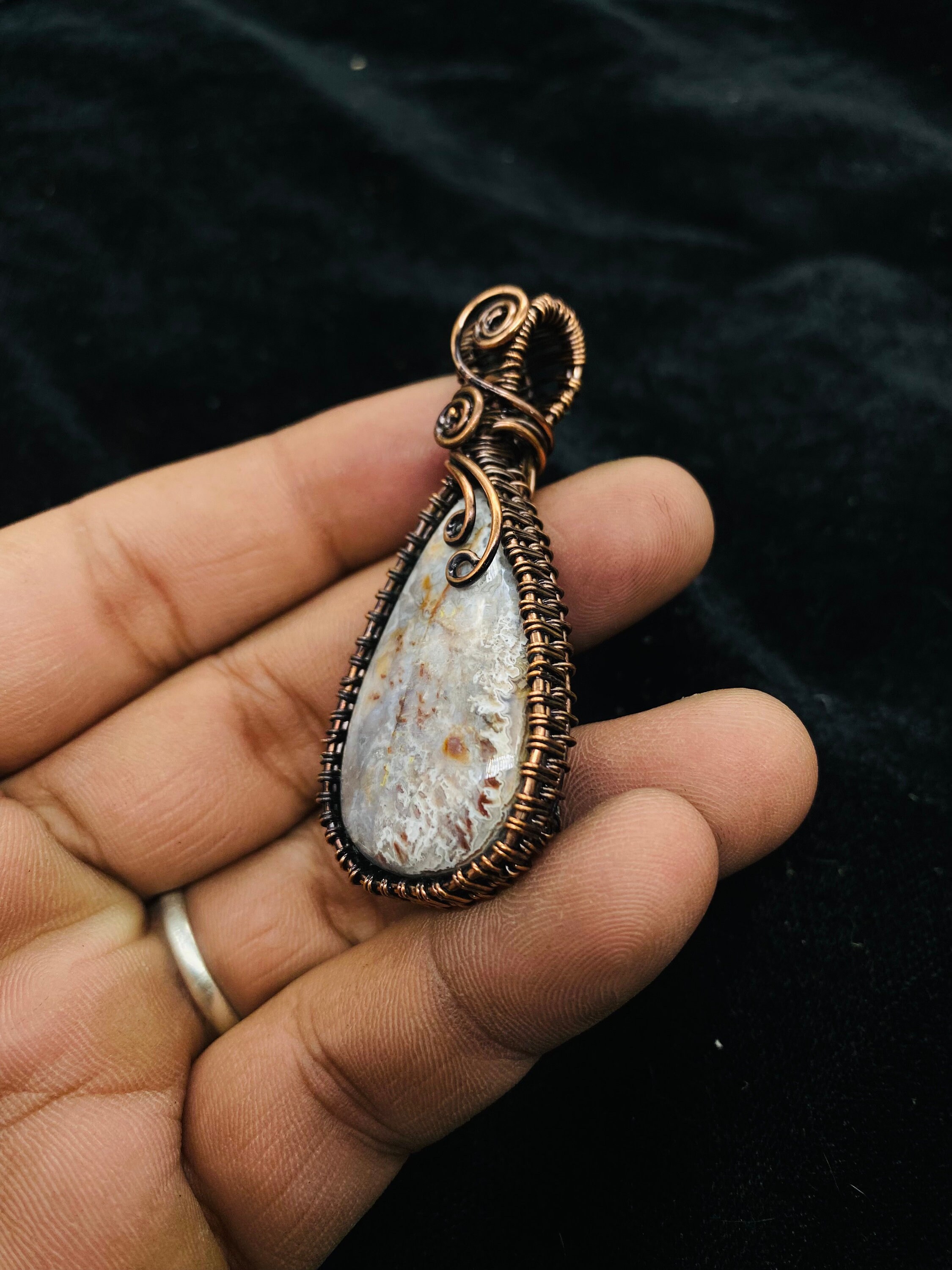 Crazy Lace Copper Wire Wrapped Pendant: Oxidized Handmade Necklace