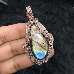 Handmade Copper Wire Wrapped Labradorite Pendant: Gemstone Jewelry