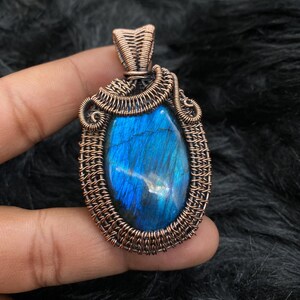 Labradorite Gemstone Wire Wrapped Pendant Copper Wire Pendant Designer Rare Pendant Handmade Copper Jewelry Blue Crystal Engagement Pendant