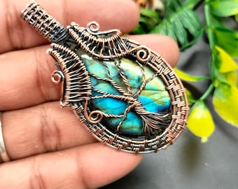 Labradorit Baum des Lebens Anhänger: Handgemachtes oxidiertes Kupfer Wire Wrapped Schmuck