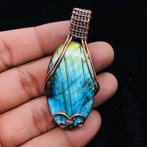 Wire Wrapped Blue Labradorite Pendant: Copper Birthstone Necklace