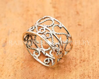 925 Silver Knotwork Wide Band Ring Filigree Detailed Openwork Ring Gift For Her