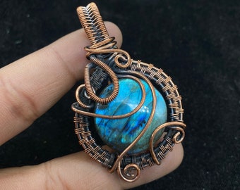 Handmade Copper Wire Wrapped Labradorite Pendant: Boho Gemstone Jewelry