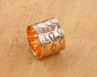 Chunky Kupfer Zigarre Bandring Rosévergoldet Breiter Ring Gravierte Geometrische Muster Schmuck
