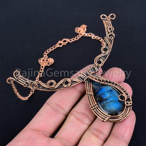 Blue Flashy Labradorite Copper Wire Wrapped Pendant Necklace