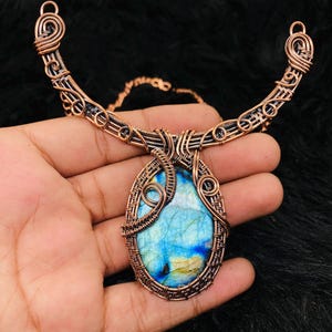 Natural Labradorite Necklace Copper Wire Wrapped Necklace Designer Elegant Necklace Labradorite Gemstone Necklace Handmade Stylish Necklace