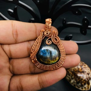 Labradorite Wire Wrapped Copper Pendant Flashy Gemstone Handmade Pendant Copper Wrapped Jewelry Dainty Crystals Pendant Gift For Wife