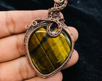 Iger Eye Pendant Copper Wire Wrapped Heart Pendant Tiger Eye
