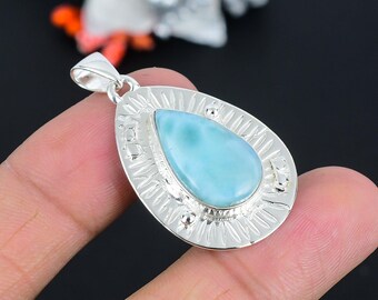 Handmade Pear Larimar Pendant: 925 Sterling Silver Statement Necklace