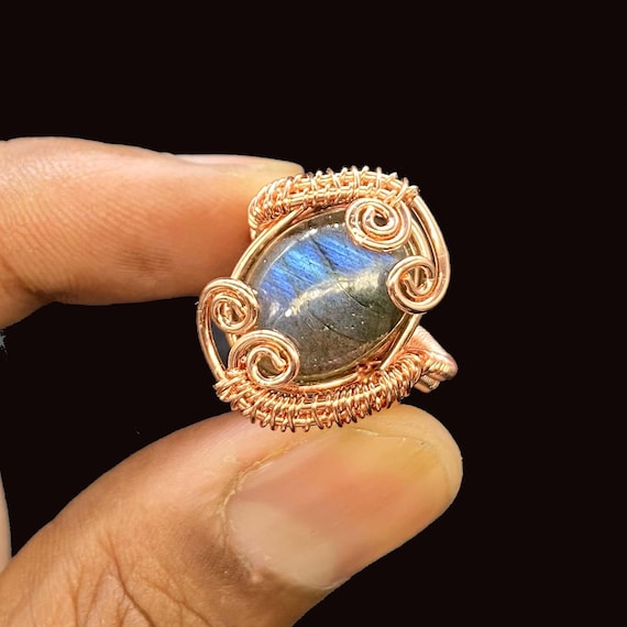 Bague Fait Main En Fil De Cuivre Avec Labradorite Cœur - Taille 9, Sans Nickel, Fabriquée En Inde