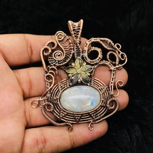 Designer Pendant, Moonstone Wire Wrap Pendant, Copper Wire Pendant, Floral Pendant, Handmade Rainbow Pendant, Moonstone Jewelry Wedding Gift