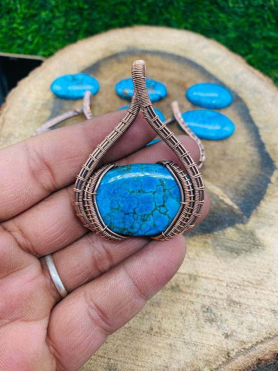 Wire Wrapped Turquoise Pendant: Handmade Copper Jewelry