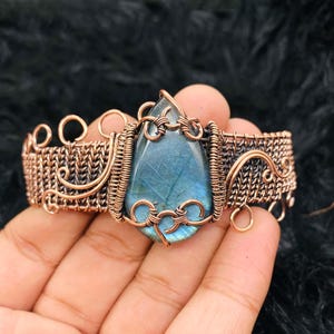 Copper Wire Wrapped Labradorite Cuff Bracelet: Handmade Gemstone Bangle