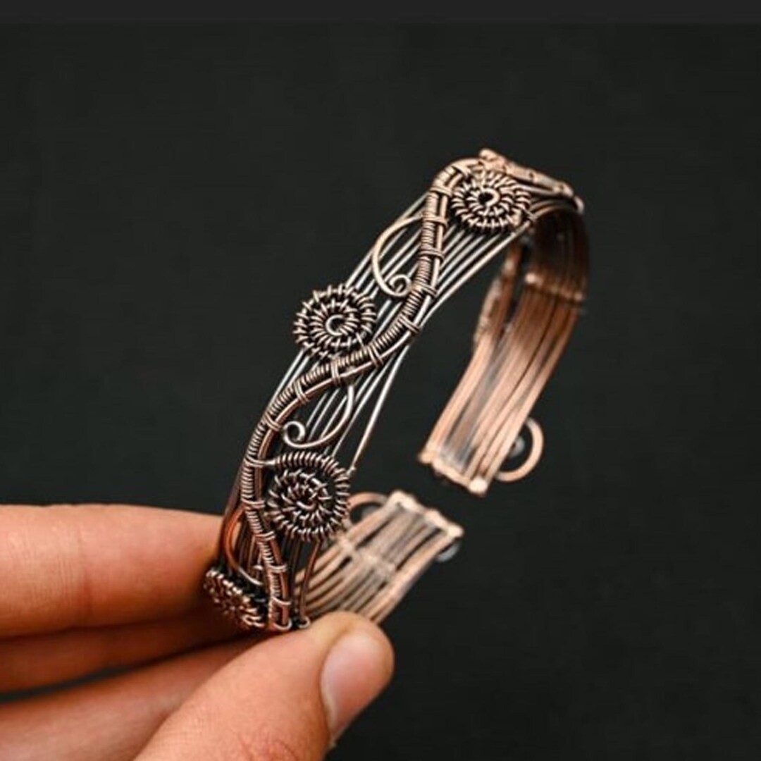 アクセサリー Rusty Thought FOLDS BANGLE LONG Handmade Antique Copper Wire Wrapped Cuff Bracelet: Boho Open