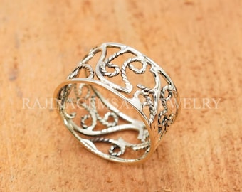 925 Sterling Silver Filigree Ring Openwork Detailed Rope Design Wide Band Statement Jewelry