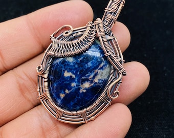 Handmade Sodalite Copper Wire Wrapped Pendant Necklace