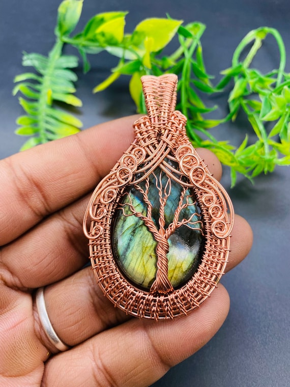 Labradorite Tree of Life Pendant: Copper Wire Wrapped Gemstone