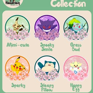 May include: A selection of six circular stickers with cartoon characters, each framed by pink cherry blossoms. The stickers feature characters named Mimi-cute, Spooky Smile, Grass Bud, Sparky, Sleepy Pillow, and Happy Egg. The text "Pocket Sakura Collection" is at the top.