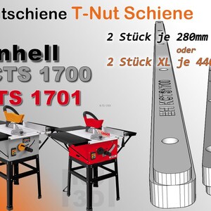 Könnte beinhalten: Zwei Tischkreissägen, eine rot und eine grau, mit einer schwarzen Tischplatte. Die Sägen sind mit Einhell KCTS 1700 und K-TS 1701 beschriftet. Das Bild zeigt auch zwei graue T-Nut-Schienen, eine mit Einhell KCTS 1700 beschriftet, mit den Maßen 280 mm und 440 mm.
