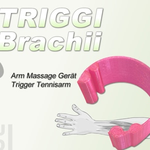 Può includere: Dispositivo da massaggio per il braccio stampato in 3D di colore rosa per la terapia dei punti trigger. Il dispositivo ha la forma di una ferratura e presenta una sezione rialzata al centro. Il testo "TRIGGI Brachii" è visibile nell'immagine. Arm Massage Gerät Trigger Tennisarm.