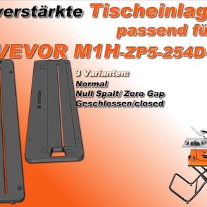 Può includere: Inserti grigi per sega da tavolo con dettagli arancioni, progettati per una sega da tavolo VEVOR M1H-ZP5-254D-1. L'immagine mostra tre varianti: Normal, Null Spalt/Zero Gap e Chiuso. Il testo "verstärkte Tischeinlage" è visibile.