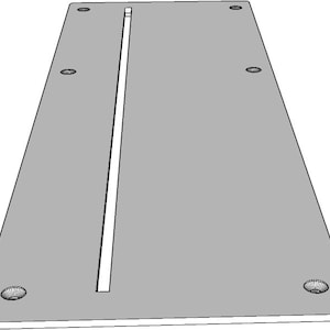 May include: A rectangular gray plate featuring a long, narrow vertical slot centered along its length. The plate includes six circular countersunk holes positioned near the corners and along the sides, designed for flat-head screw installation.