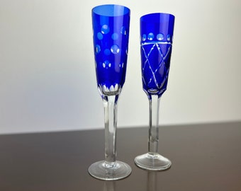 Vintage Cobalt Blue Cut to Clear Crystal Champagne Flutes, Wedding Toasting Glasses, Bohemian Glass Barware