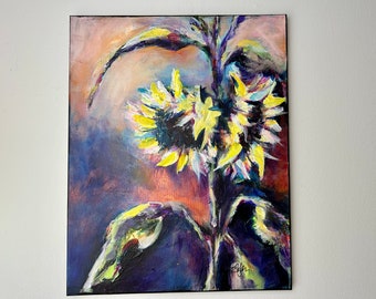 Peinture à l’huile d’empâtement de couteau à palette de tournesol vibrant coloré, peinture sur toile florale originale 16x20, jaune violet, art impressionniste