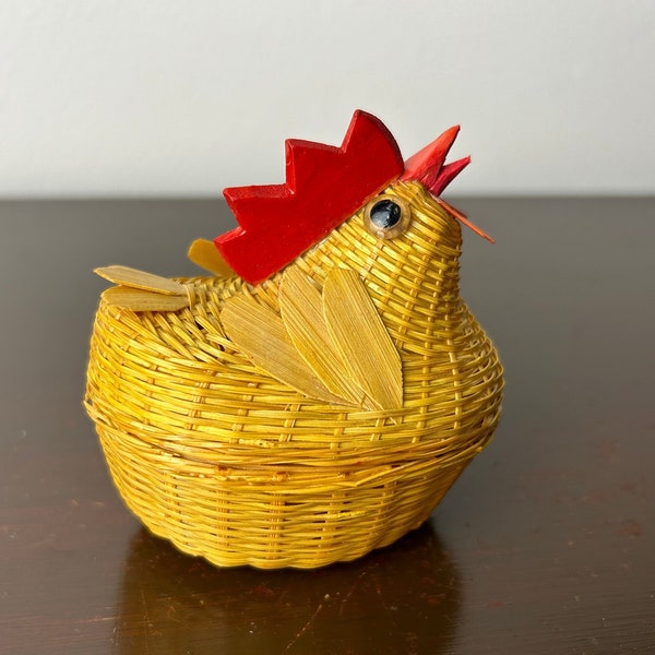 Vintage Miniature Hen on Nest Basket, Spring Chicken Home Decor, Small Covered Trinket Holder/Dish, Farm Animal Collectible Gift,