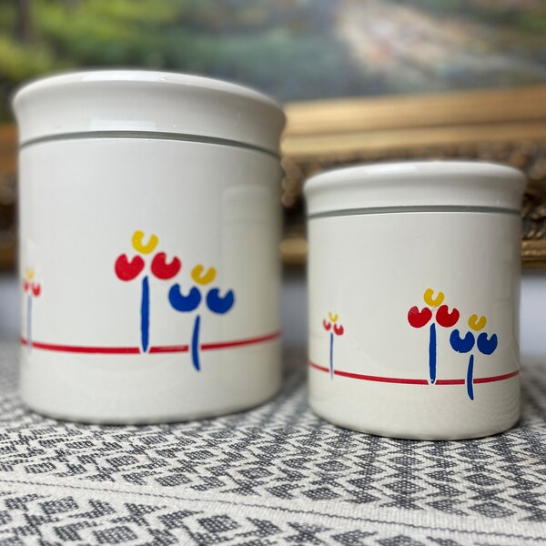 Vintage Riva Designs Tulips Canister Set Red Rim, 1980’s Post Modern Kitchen, Retro Mod Plastic Canister Set with Lids