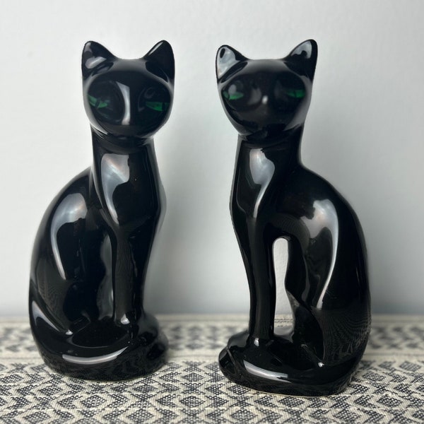 Vintage MCM Ceramic Sitting Black Siamese Cat Statues with Green Eyes Set of 2, Mid Century Modern Figurines Home Decor, 1960s Artmark