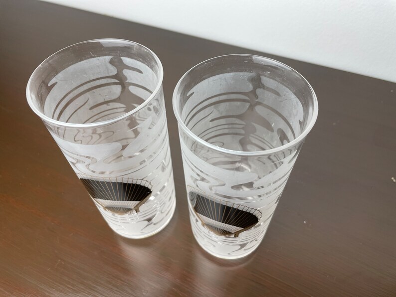 Culver SeaShell Highball Gläser/Becher, Vintage Kunststoff Barware Trinkgläser, MCM Stil, Post Modern, Gold und Schwarz Bild 4