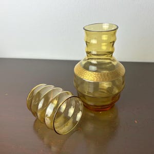 Vintage Amber & Gold Glass Beehive Tumble Up, MCM Bedside Carafe and Glass Set, Guest Bedroom Night Stand Functional Decor